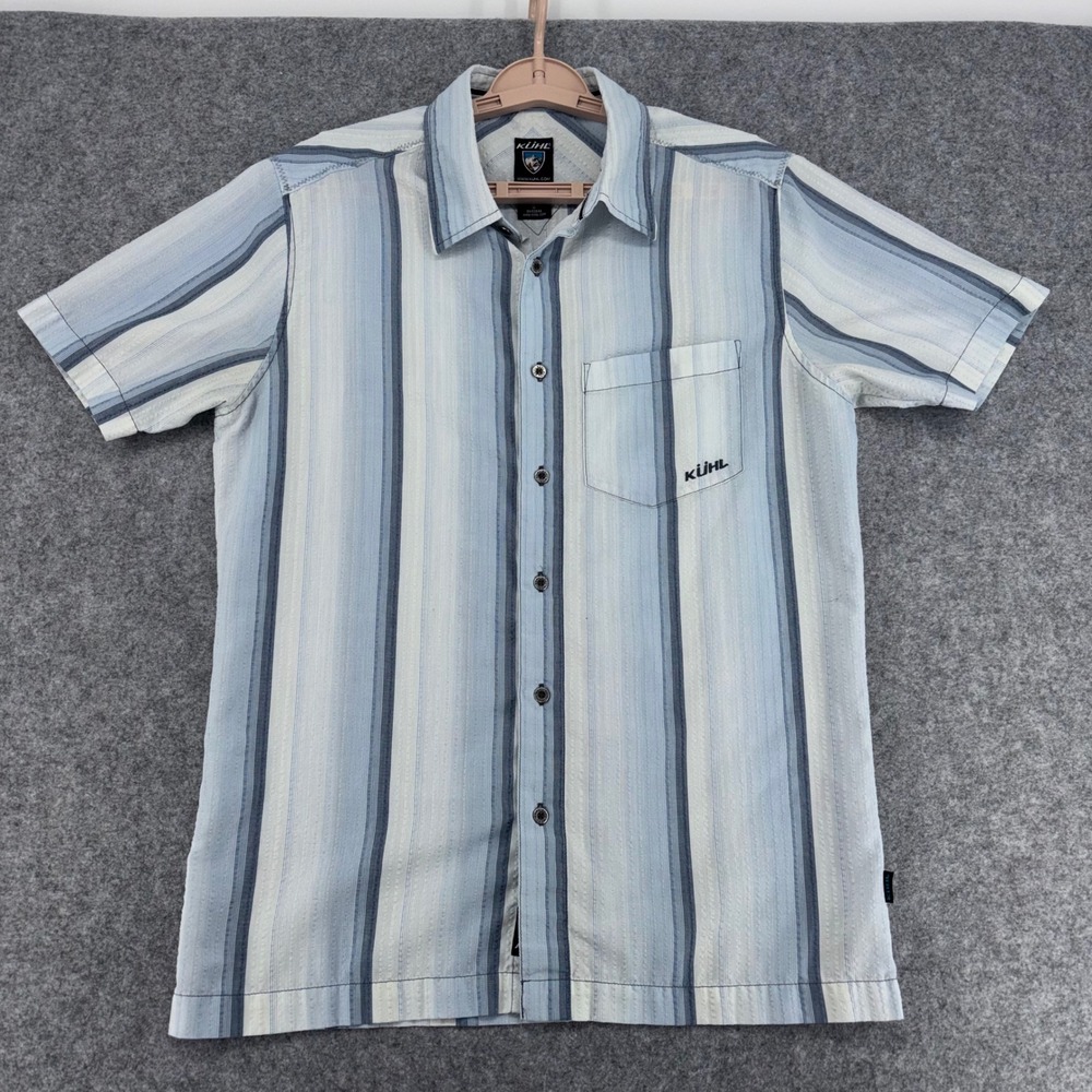 Kuhl Mens Blue Striped Short Sleeve Recycled Blend Button Down Shirt Small